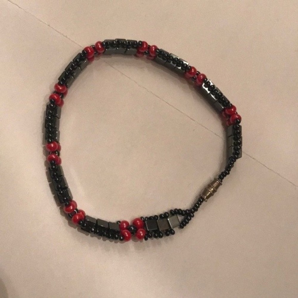 Beautiful Beaded Handmade Red & Black Metallic Bracelet from Mexico
